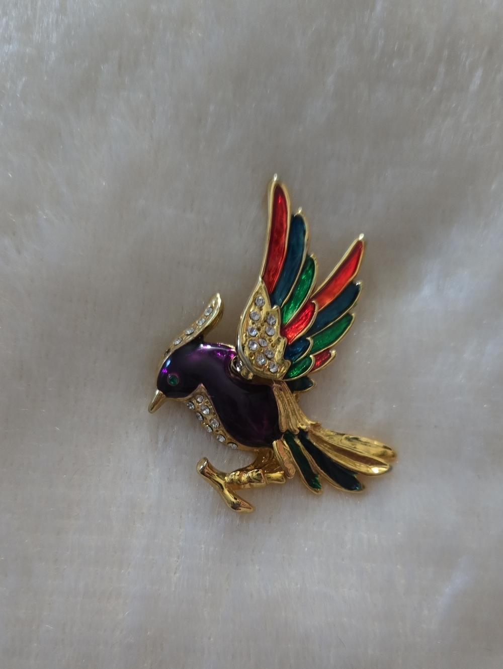 Decorative Multicolor Bird Brooch - Gold Tone with Purple, Red & Green Enamel